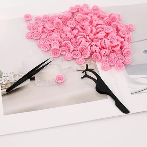 800er Pack Kleberinge für Wimpernverlängerung mit 2 Pinzetten – Disposable Lash Volume Glue Holder Ring (Pink)