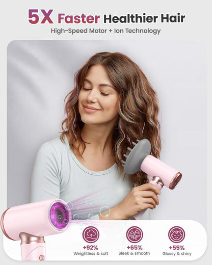 WEEYUM Reise-Haartrockner Europa Dual Voltage 1300W, Faltbarer Ionischer Haartrockner mit Magnetdüsen, Schnelltrocknend, 100-240V, Pink