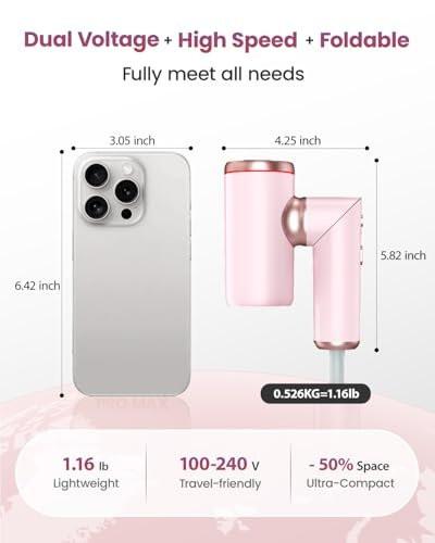 WEEYUM Reise-Haartrockner Europa Dual Voltage 1300W, Faltbarer Ionischer Haartrockner mit Magnetdüsen, Schnelltrocknend, 100-240V, Pink