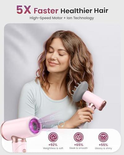 WEEYUM Reise-Haartrockner Europa Dual Voltage 1300W, Faltbarer Ionischer Haartrockner mit Magnetdüsen, Schnelltrocknend, 100-240V, Pink