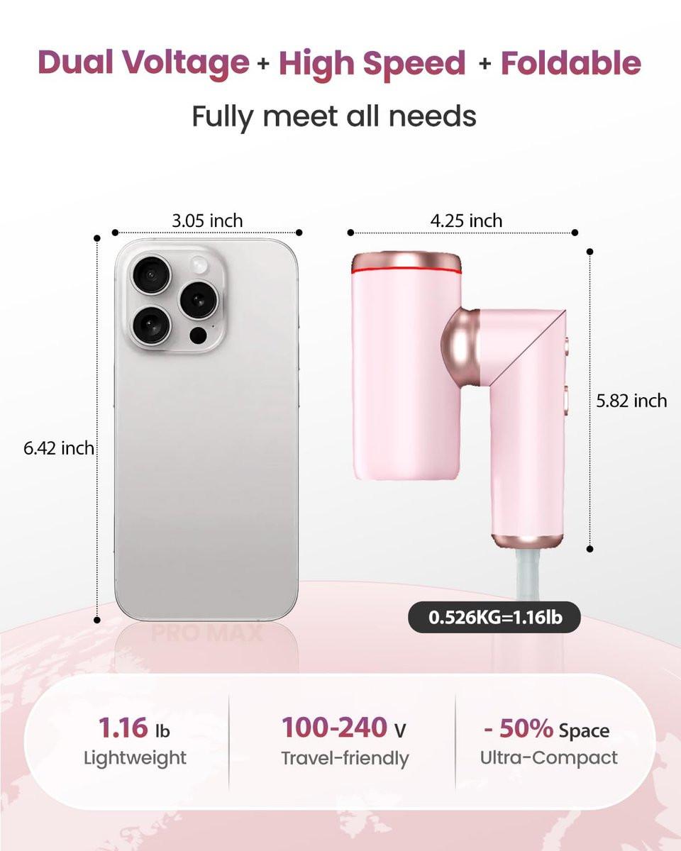 WEEYUM Reise-Haartrockner Europa Dual Voltage 1300W, Faltbarer Ionischer Haartrockner mit Magnetdüsen, Schnelltrocknend, 100-240V, Pink