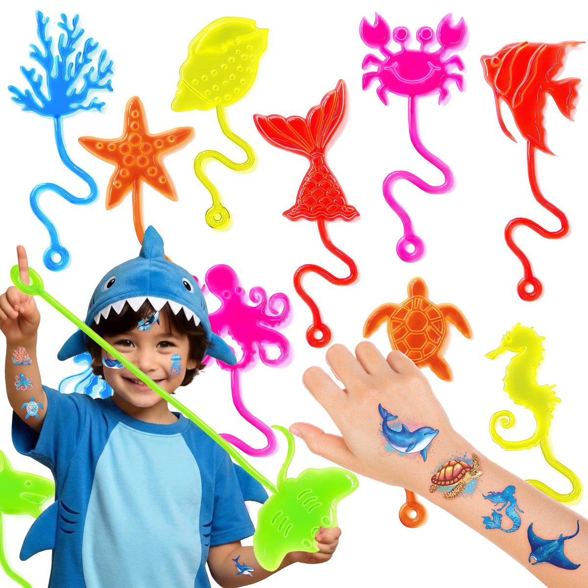 48-teiliges Ozean-Party-Set: 24 temporäre Tattoos & 24 Klebehände – Perfekte Geburtstagsparty-Zubehör, Goodie-Bag-Füller, Schatzbox-Spielzeug, Klassenzimmerpreise und Geschenke für Schüler