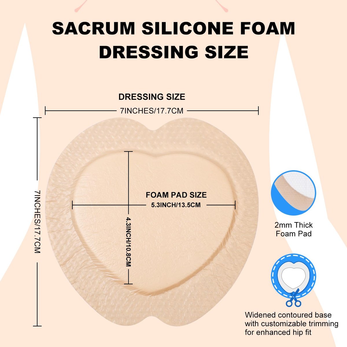 Sakraler Schaumverband, Silikon-Schaumverband mit Rand, 7x7 große Wundauflage für Druckgeschwüre am Gesäß, superabsorbierendes Druckgeschwür-Präventionspad, wasserdicht & atmungsaktiv (10er-Pack)