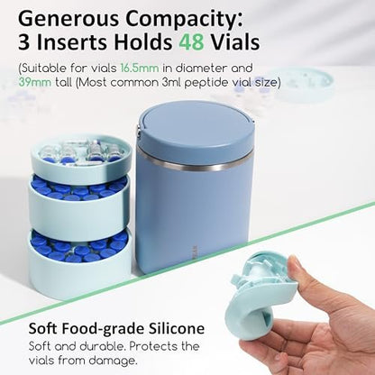 Silikon-Vial-Einsatz 3 ml (1 kurz + 1 lang) kompatibel mit Hydrapeak Lebensmittelgläsern, Vial-Einsatz zur Peptid-Aufbewahrung für 32/25/18 oz Hydrapeak Lebensmittel-Thermos, max. 27 Vials, Blau (ohne Vials & Glas)