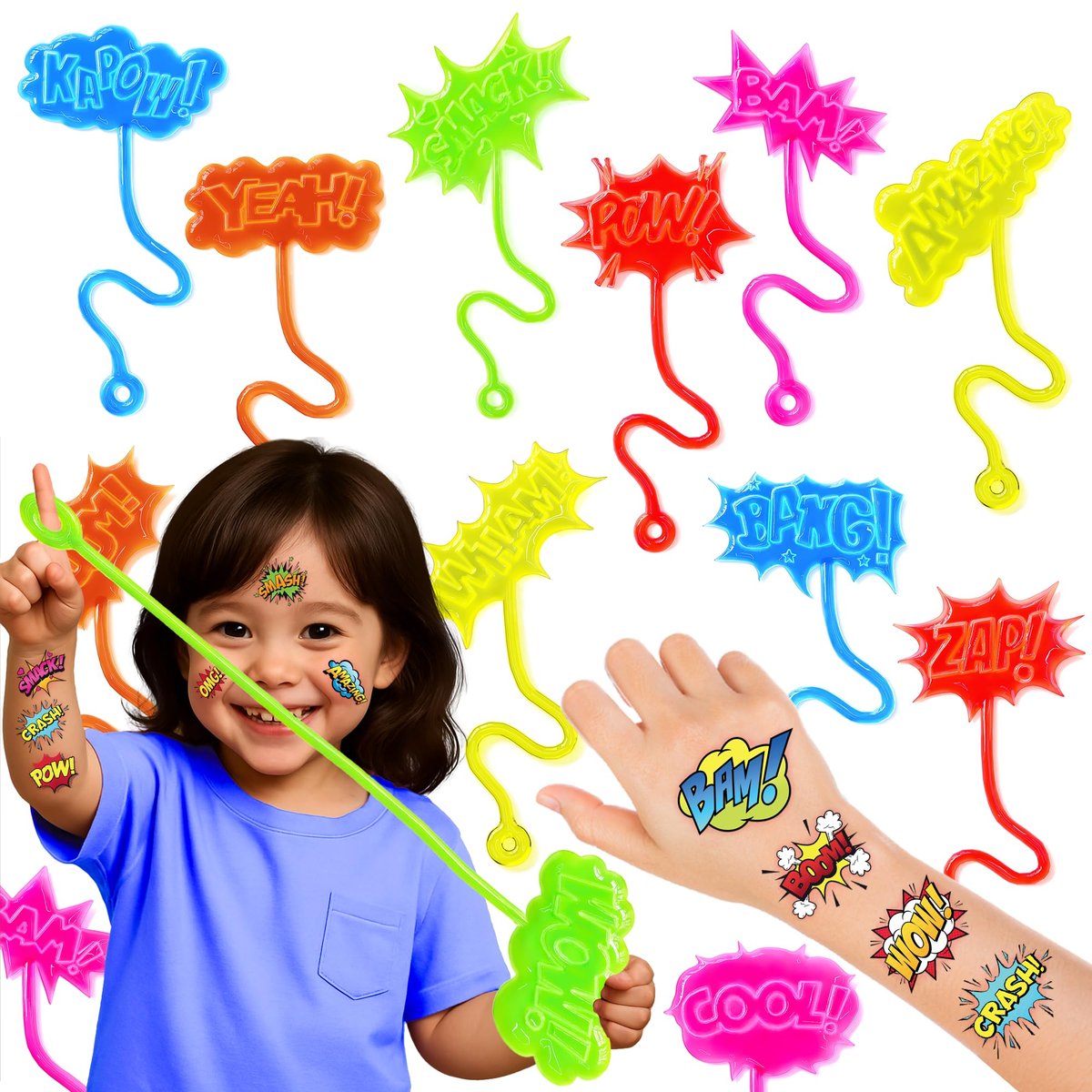 48-teiliges Hero Pow Party-Set – 24 temporäre Tattoos & 24 Klebehände – Perfekte Geburtstagsparty-Zubehör, Goodie Bag Füller, Schatzkisten-Spielzeug, Klassenzimmerpreise und Geschenke für Schüler