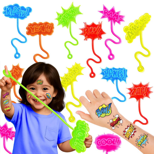 48-teiliges Hero Pow Party-Set – 24 temporäre Tattoos & 24 Klebehände – Perfekte Geburtstagsparty-Zubehör, Goodie Bag Füller, Schatzkisten-Spielzeug, Klassenzimmerpreise und Geschenke für Schüler