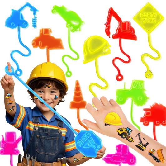 48-teiliges Bau-Party-Set – 24 temporäre Tattoos & 24 Klebehände – Perfekte Geburtstagsparty-Bedarf, Goodie Bag Füller, Schatzkisten-Spielzeug, Klassenzimmerpreise und Schülergeschenke