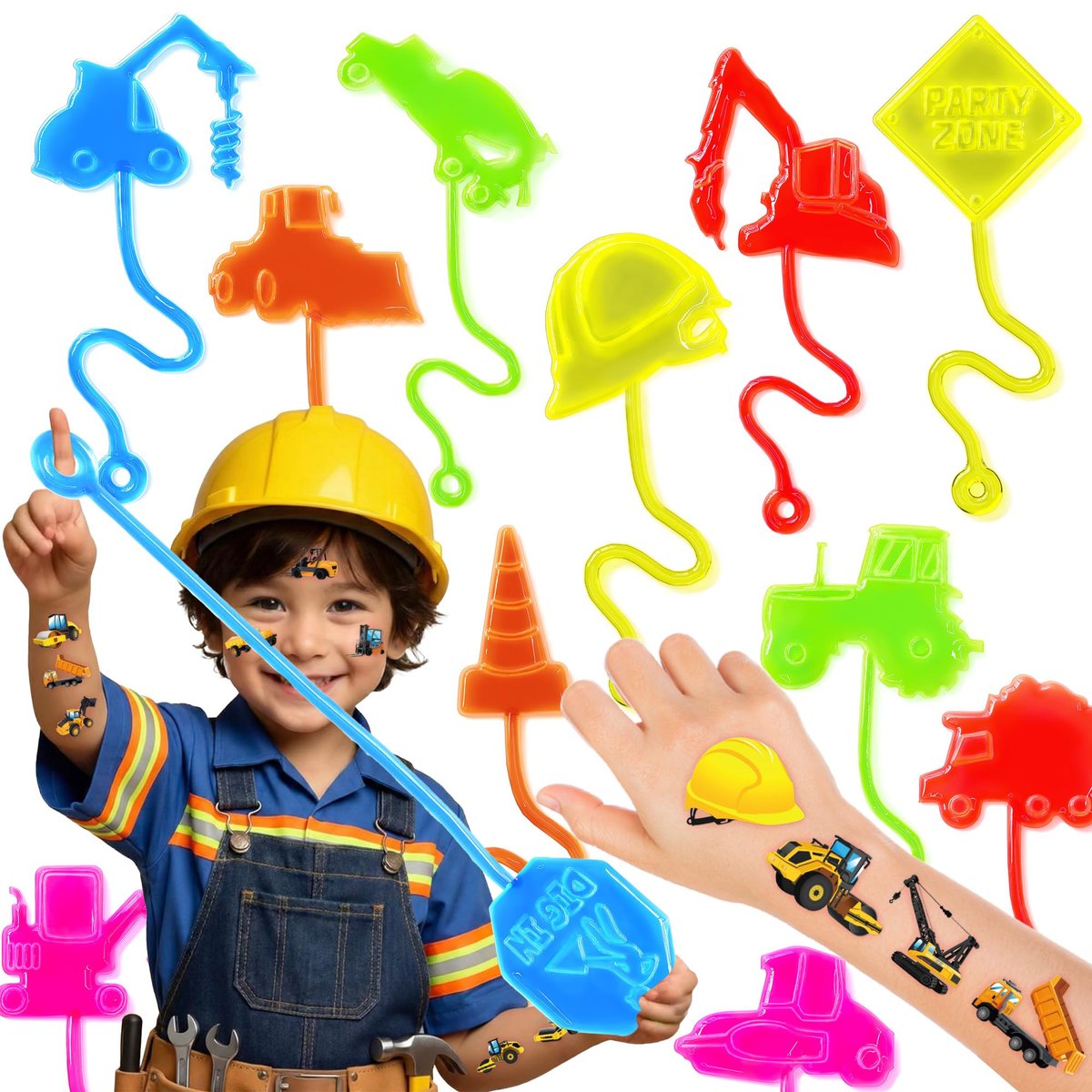 48-teiliges Bau-Party-Set – 24 temporäre Tattoos & 24 Klebehände – Perfekte Geburtstagsparty-Bedarf, Goodie Bag Füller, Schatzkisten-Spielzeug, Klassenzimmerpreise und Schülergeschenke
