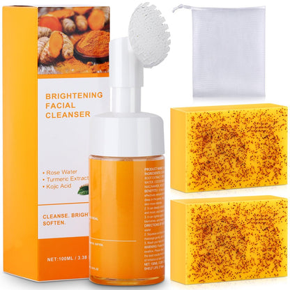 Wuzhenfa Kojic Acid Seife Set – Zitronen-Turmeric Kojic Acid Seifenbar & Gesichtsreinigungsschaum, Tiefenreinigung für alle Hauttypen