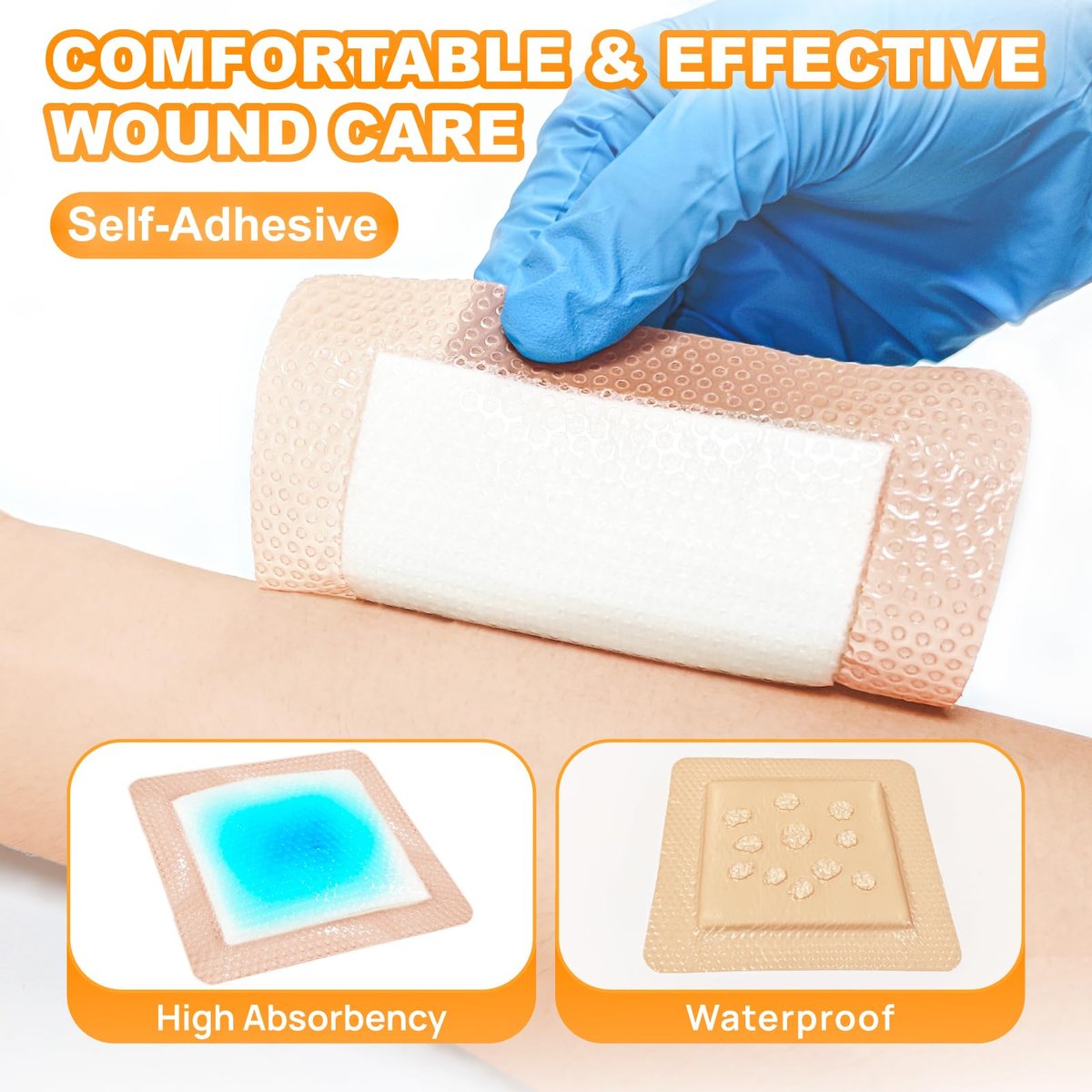 Carbou Silikon-Wundverband superabsorbierend 5x5 Zoll, 10 einzeln verpackte, selbstklebende wasserdichte Verbände, weicher, hochsaugfähiger Verband für Wundversorgung, Verbrennungen, Dekubitus, Traumata und chirurgische Wunden