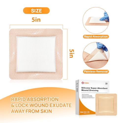 Carbou Silikon-Wundverband superabsorbierend 5x5 Zoll, 10 einzeln verpackte, selbstklebende wasserdichte Verbände, weicher, hochsaugfähiger Verband für Wundversorgung, Verbrennungen, Dekubitus, Traumata und chirurgische Wunden