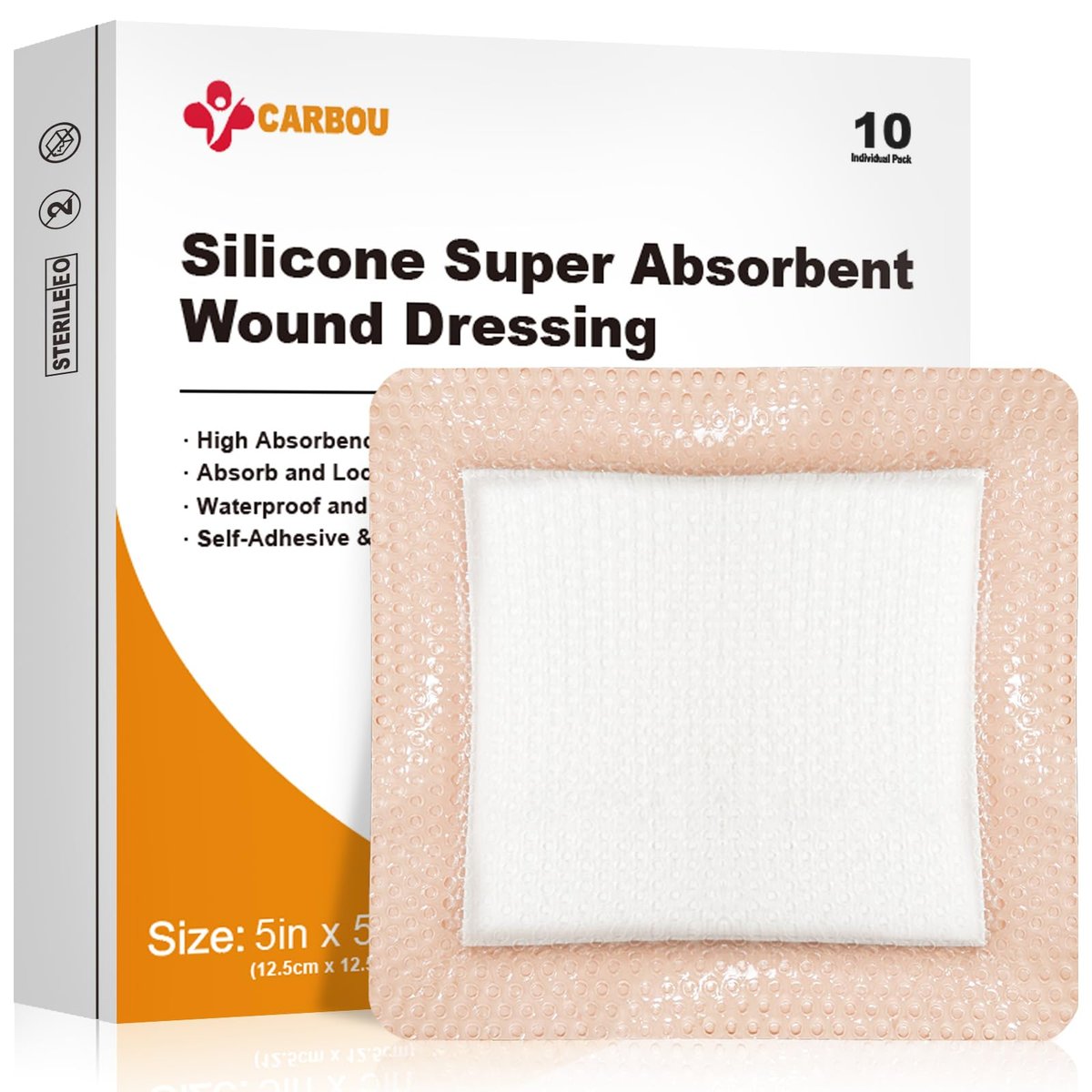 Carbou Silikon-Wundverband superabsorbierend 5x5 Zoll, 10 einzeln verpackte, selbstklebende wasserdichte Verbände, weicher, hochsaugfähiger Verband für Wundversorgung, Verbrennungen, Dekubitus, Traumata und chirurgische Wunden