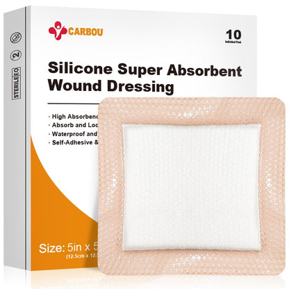 Carbou Silikon-Wundverband superabsorbierend 5x5 Zoll, 10 einzeln verpackte, selbstklebende wasserdichte Verbände, weicher, hochsaugfähiger Verband für Wundversorgung, Verbrennungen, Dekubitus, Traumata und chirurgische Wunden