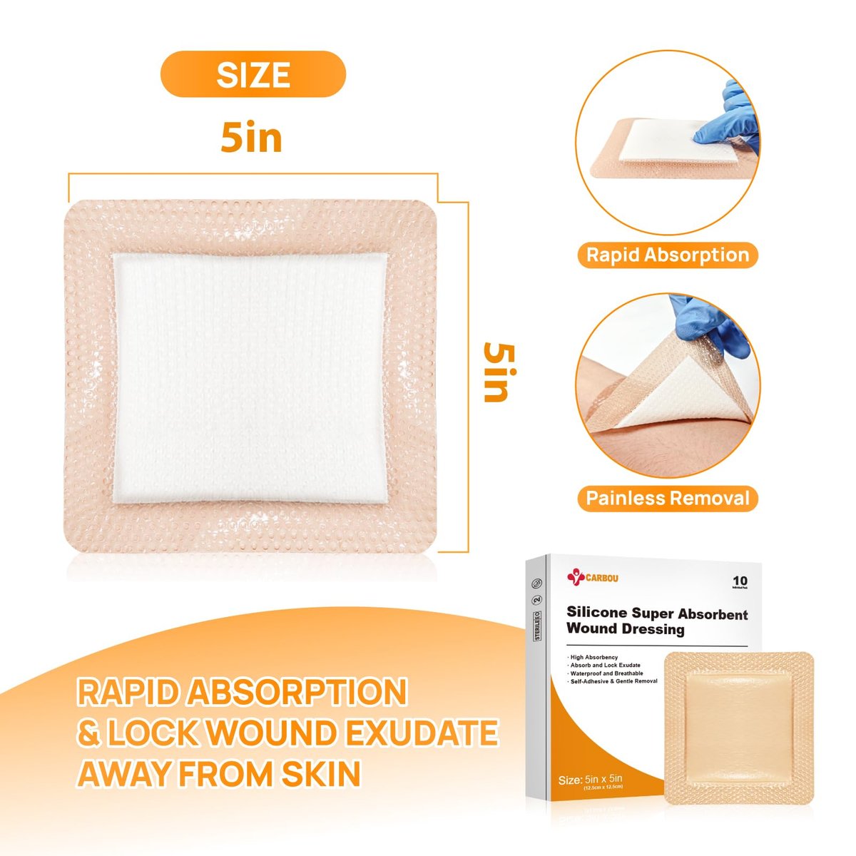 Carbou Silikon-Wundverband superabsorbierend 5x5 Zoll, 10 einzeln verpackte, selbstklebende wasserdichte Verbände, weicher, hochsaugfähiger Verband für Wundversorgung, Verbrennungen, Dekubitus, Traumata und chirurgische Wunden
