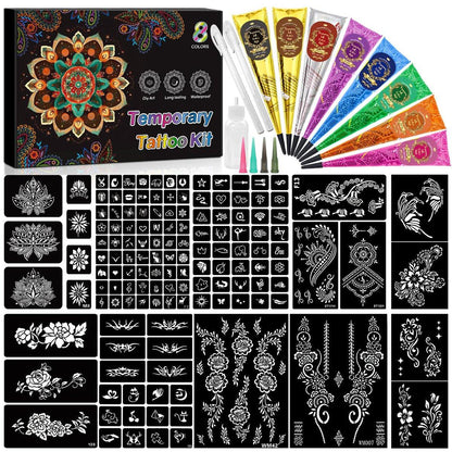 8-teiliges temporäres Tattoo-Set mit 8 Farben Tattoo-Konen, 2 Übungsstiften und 14 Blatt mit 135 Schablonen – DIY Körperkunst für Anfänger und Profis, Geschenk für Valentinstag, Partys und Feiertage