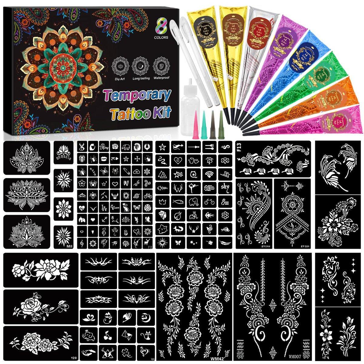 8-teiliges temporäres Tattoo-Set mit 8 Farben Tattoo-Konen, 2 Übungsstiften und 14 Blatt mit 135 Schablonen – DIY Körperkunst für Anfänger und Profis, Geschenk für Valentinstag, Partys und Feiertage