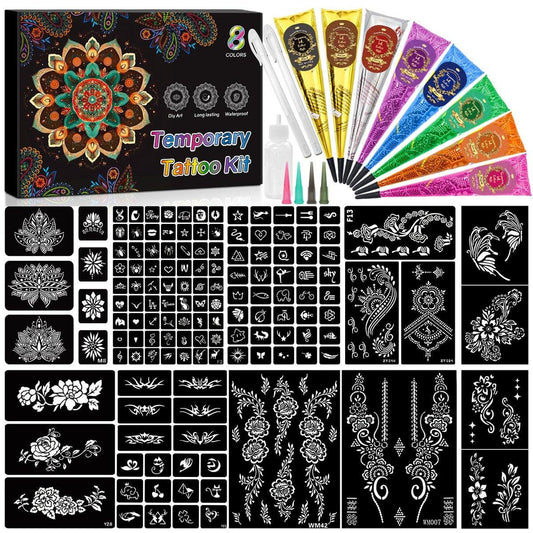 8-teiliges temporäres Tattoo-Set mit 8 Farben Tattoo-Konen, 2 Übungsstiften und 14 Blatt mit 135 Schablonen – DIY Körperkunst für Anfänger und Profis, Geschenk für Valentinstag, Partys und Feiertage