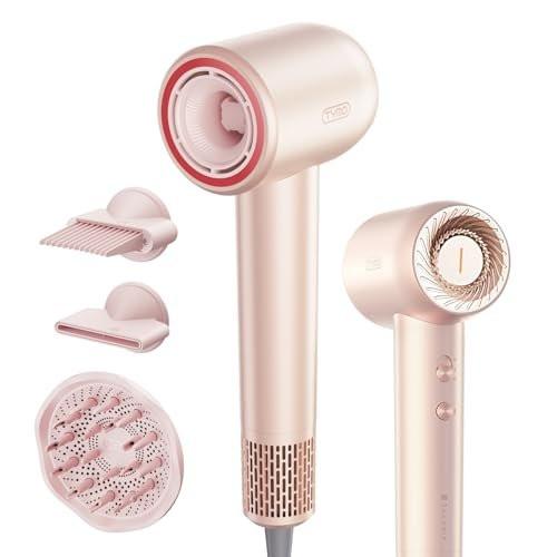 TYMO AIRHYPE Kompakter Föhn mit Kamm und Diffusor – 200 Millionen Ionen, 110.000 U/min, 4 Temperaturen & 2 Geschwindigkeiten für schnelles Trocknen (Gold Blush)