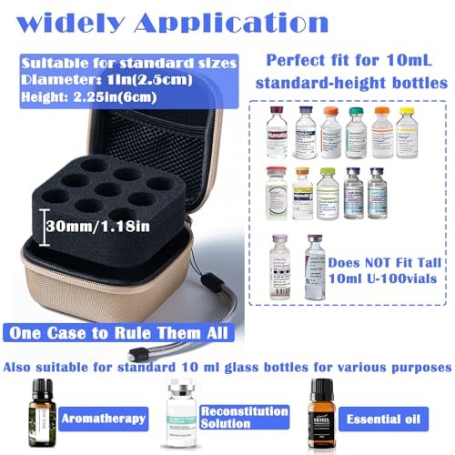 JFGLORIX Insulin-Kühlschrank-Aufbewahrungsbox für Insulinfläschchen, Peptid-Aufbewahrungsetui, passend für Standard 10 ml U-100 Fläschchen, Gold (9 Fächer)