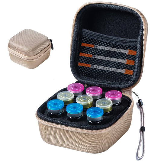 JFGLORIX Insulin-Kühlschrank-Aufbewahrungsbox für Insulinfläschchen, Peptid-Aufbewahrungsetui, passend für Standard 10 ml U-100 Fläschchen, Gold (9 Fächer)