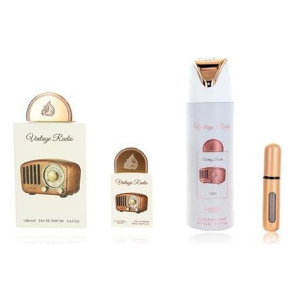 Lattafa Pride Vintage Radio 3-teiliges Geschenkset – Lang anhaltendes arabisches Parfüm für Herren – Eau de Parfum & Duftspray mit Amber, rauchigen Hölzern und Vanille – Premium-Geschenkbox