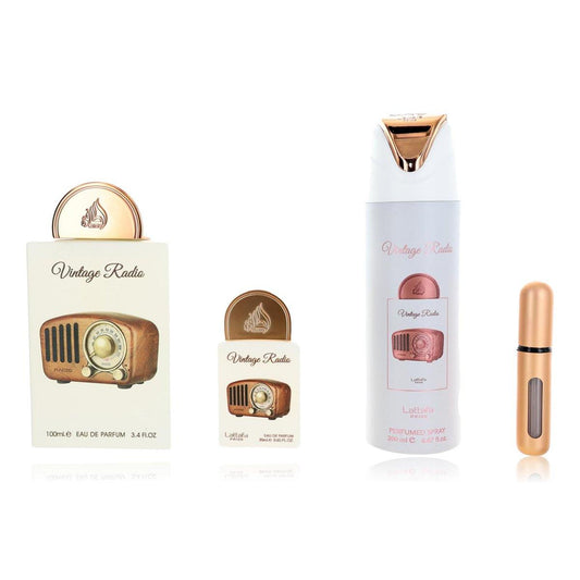 Lattafa Pride Vintage Radio 3-teiliges Geschenkset – Lang anhaltendes arabisches Parfüm für Herren – Eau de Parfum & Duftspray mit Amber, rauchigen Hölzern und Vanille – Premium-Geschenkbox