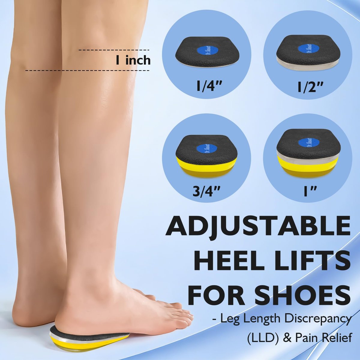 Dr. Shoesert Verstellbare 1-Zoll-Fersenerhöhungen (3-Schicht-Stabilität) – Schwarze orthopädische Einlagen für Plantarfasziitis & Beinlängendifferenz – Waben-Gel-Hybrid-Dämpfung für Damen & Herren (Klein)