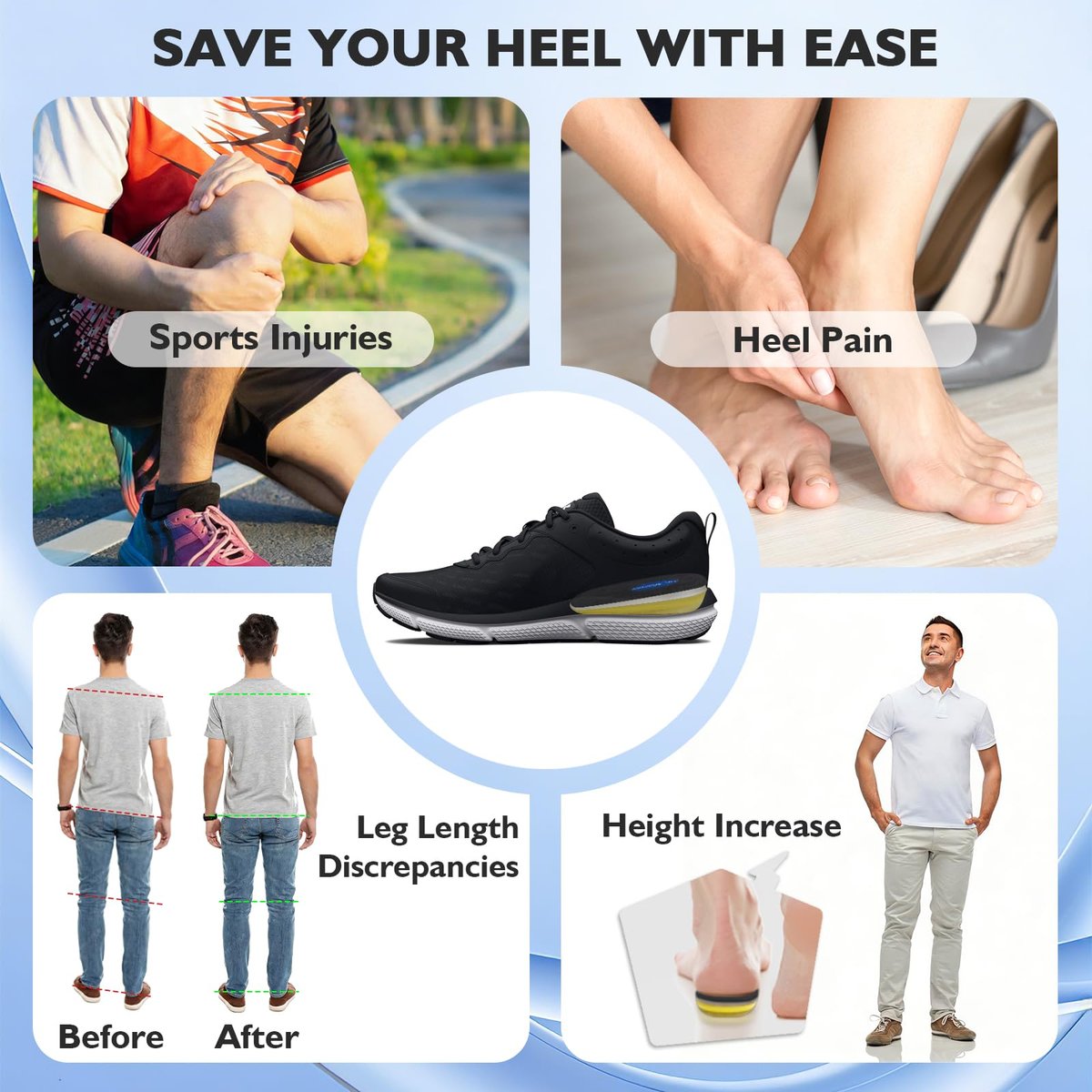Dr. Shoesert Verstellbare 1-Zoll-Fersenerhöhungen (3-Schicht-Stabilität) – Schwarze orthopädische Einlagen für Plantarfasziitis & Beinlängendifferenz – Waben-Gel-Hybrid-Dämpfung für Damen & Herren (Klein)
