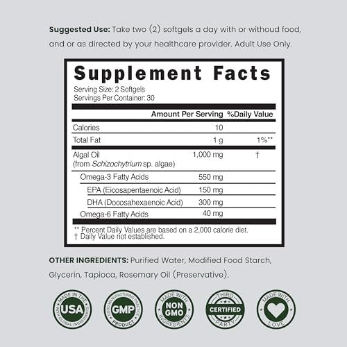 Vegane Omega 3 Algenöl (60 Softgels) – Pflanzliches DHA & EPA, nachhaltig, ohne Carrageen, Nicht-GVO | Herz, Gehirn & Augen | Alternative zu Fischöl | Hergestellt in USA