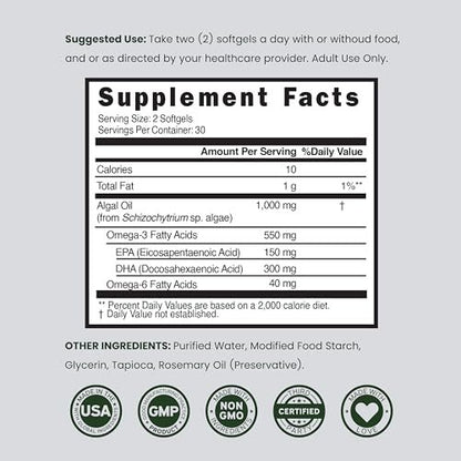 Vegane Omega 3 Algenöl (60 Softgels) – Pflanzliches DHA & EPA, nachhaltig, ohne Carrageen, Nicht-GVO | Herz, Gehirn & Augen | Alternative zu Fischöl | Hergestellt in USA