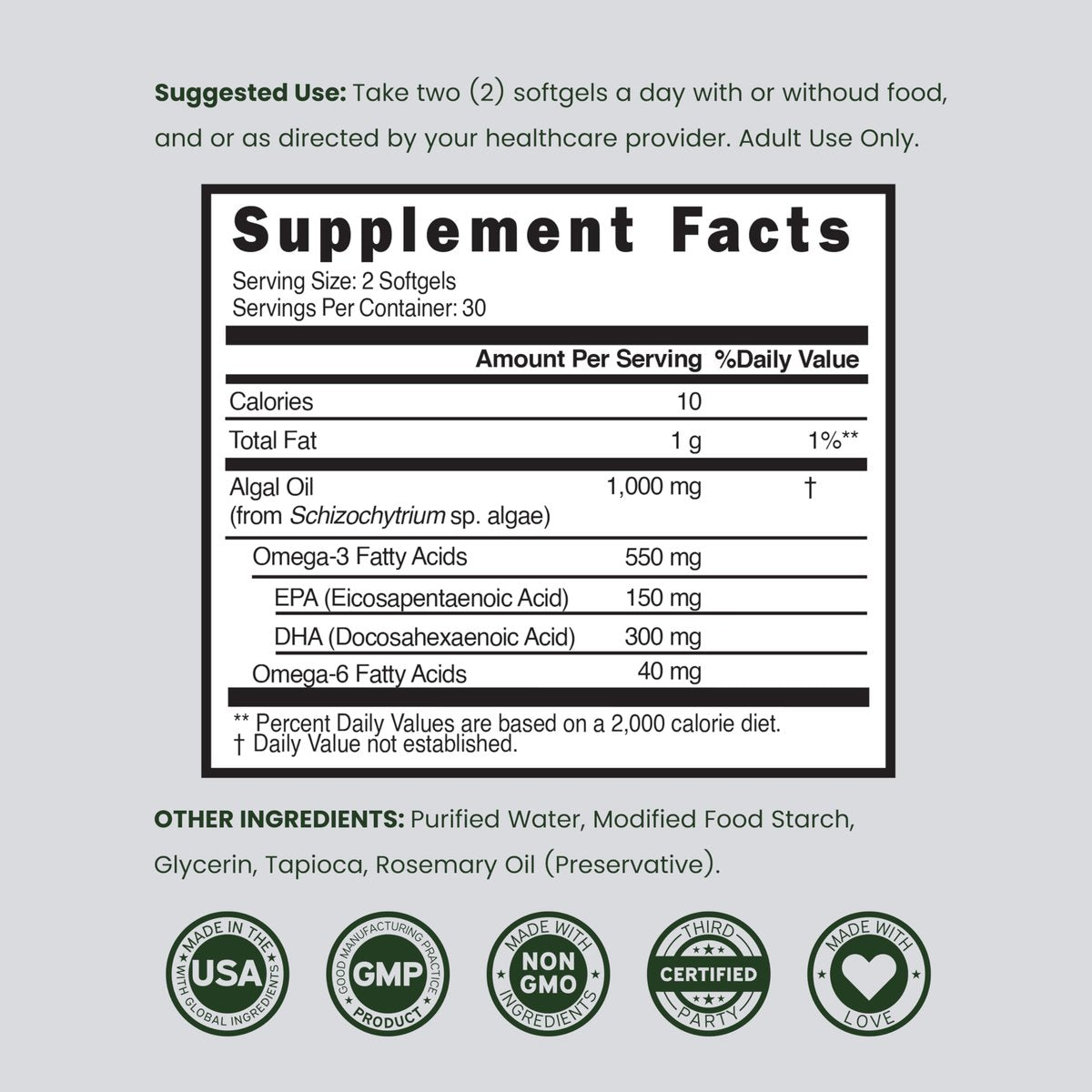 Vegane Omega 3 Algenöl (60 Softgels) – Pflanzliches DHA & EPA, nachhaltig, ohne Carrageen, Nicht-GVO | Herz, Gehirn & Augen | Alternative zu Fischöl | Hergestellt in USA