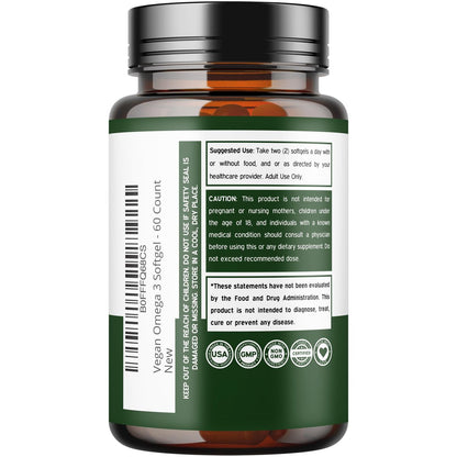 Vegane Omega 3 Algenöl (60 Softgels) – Pflanzliches DHA & EPA, nachhaltig, ohne Carrageen, Nicht-GVO | Herz, Gehirn & Augen | Alternative zu Fischöl | Hergestellt in USA