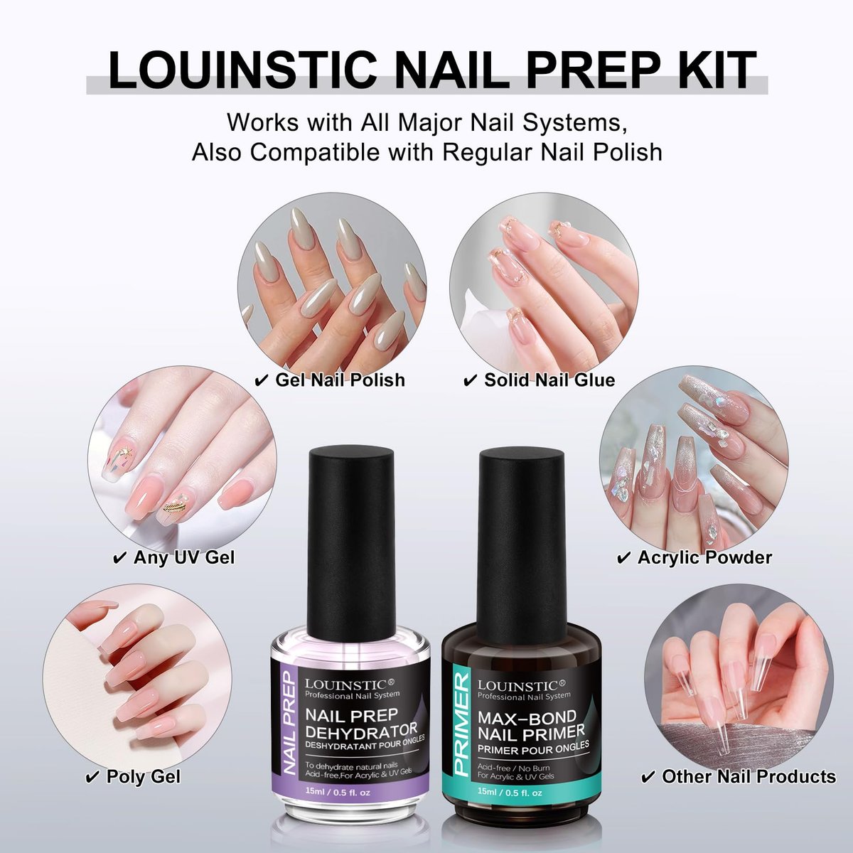 LOUINSTIC Nagelvorbereiter Dehydrator und säurefreier Primer – Schnell trocknend & sicher für Nägel, für UV-Gel, Acryl, Gellack & Press-On-Nägel, Hema-frei – Professionelles Salon- & DIY-Maniküre-Set, 15 ml