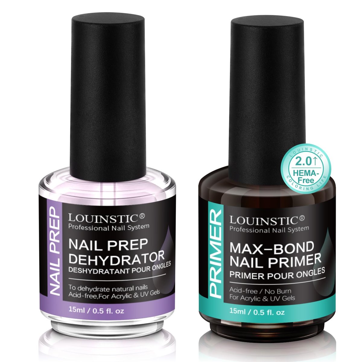 LOUINSTIC Nagelvorbereiter Dehydrator und säurefreier Primer – Schnell trocknend & sicher für Nägel, für UV-Gel, Acryl, Gellack & Press-On-Nägel, Hema-frei – Professionelles Salon- & DIY-Maniküre-Set, 15 ml