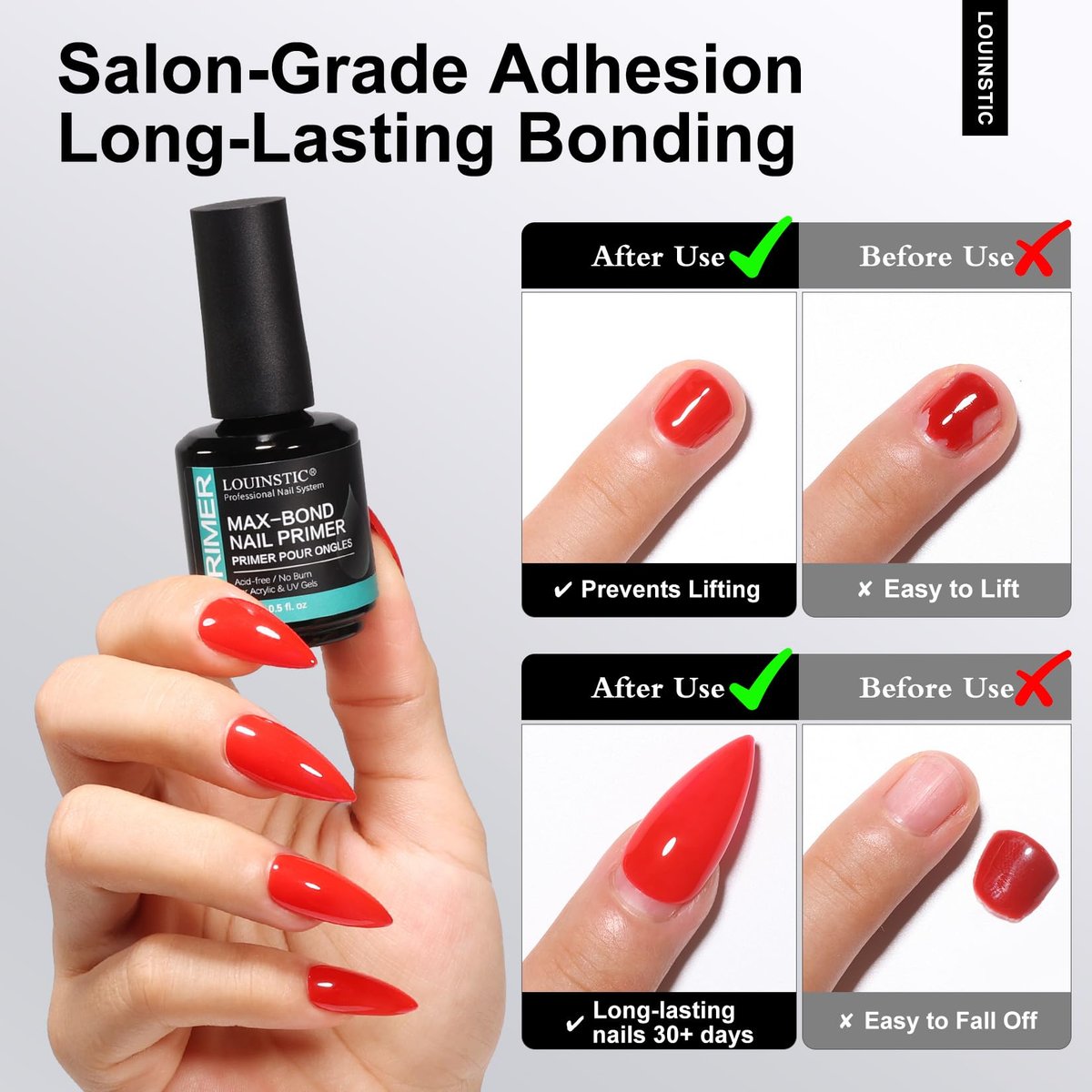 LOUINSTIC Nagelvorbereiter Dehydrator und säurefreier Primer – Schnell trocknend & sicher für Nägel, für UV-Gel, Acryl, Gellack & Press-On-Nägel, Hema-frei – Professionelles Salon- & DIY-Maniküre-Set, 15 ml