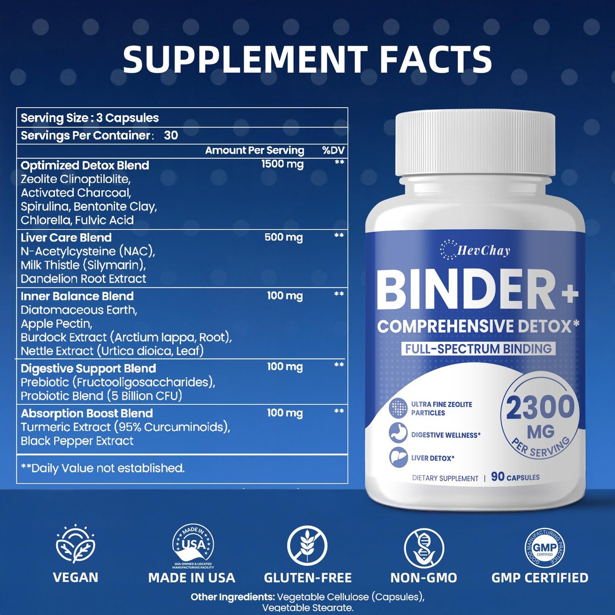 HevChay 2300 MG Detox Binder Komplex – 3-in-1 Entgiftung mit Aktivkohle, Zeolith, Bentonit – Leber & Darmreinigung, Toxinausleitung, Verdauungsunterstützung, 90 vegane Kapseln