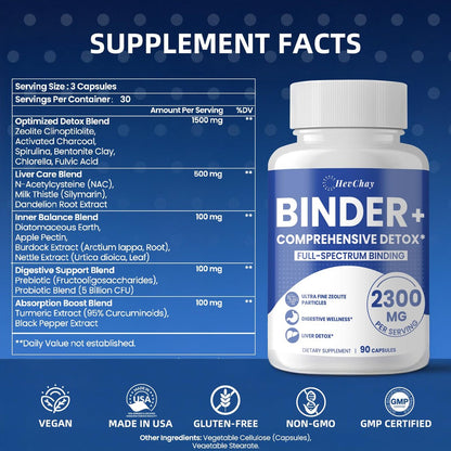 HevChay 2300 MG Detox Binder Komplex – 3-in-1 Entgiftung mit Aktivkohle, Zeolith, Bentonit – Leber & Darmreinigung, Toxinausleitung, Verdauungsunterstützung, 90 vegane Kapseln