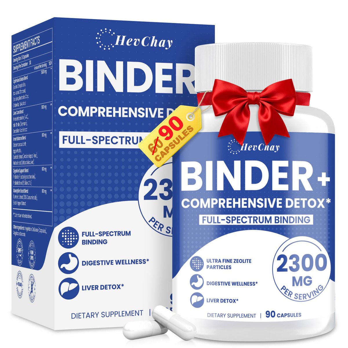 HevChay 2300 MG Detox Binder Komplex – 3-in-1 Entgiftung mit Aktivkohle, Zeolith, Bentonit – Leber & Darmreinigung, Toxinausleitung, Verdauungsunterstützung, 90 vegane Kapseln