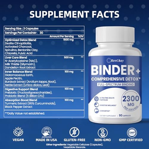 HevChay 2300 MG Detox Binder Komplex – 3-in-1 Entgiftung mit Aktivkohle, Zeolith, Bentonit – Leber & Darmreinigung, Toxinausleitung, Verdauungsunterstützung, 90 vegane Kapseln