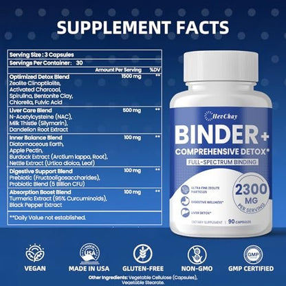 HevChay 2300 MG Detox Binder Komplex – 3-in-1 Entgiftung mit Aktivkohle, Zeolith, Bentonit – Leber & Darmreinigung, Toxinausleitung, Verdauungsunterstützung, 90 vegane Kapseln