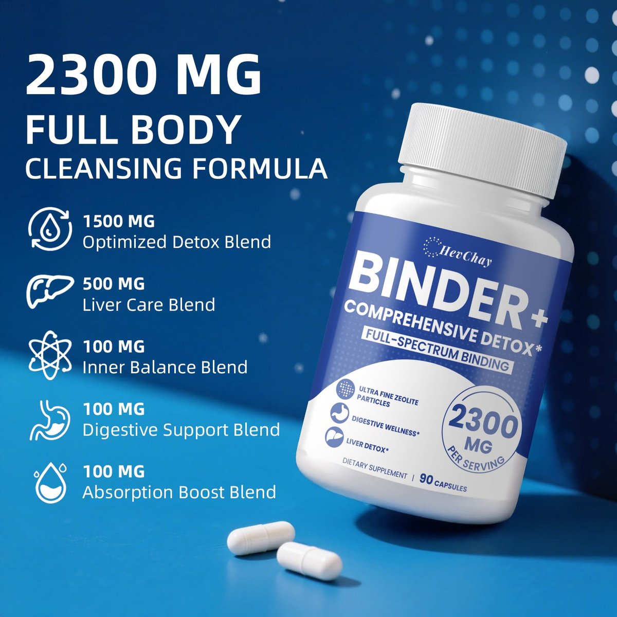 HevChay 2300 MG Detox Binder Komplex – 3-in-1 Entgiftung mit Aktivkohle, Zeolith, Bentonit – Leber & Darmreinigung, Toxinausleitung, Verdauungsunterstützung, 90 vegane Kapseln