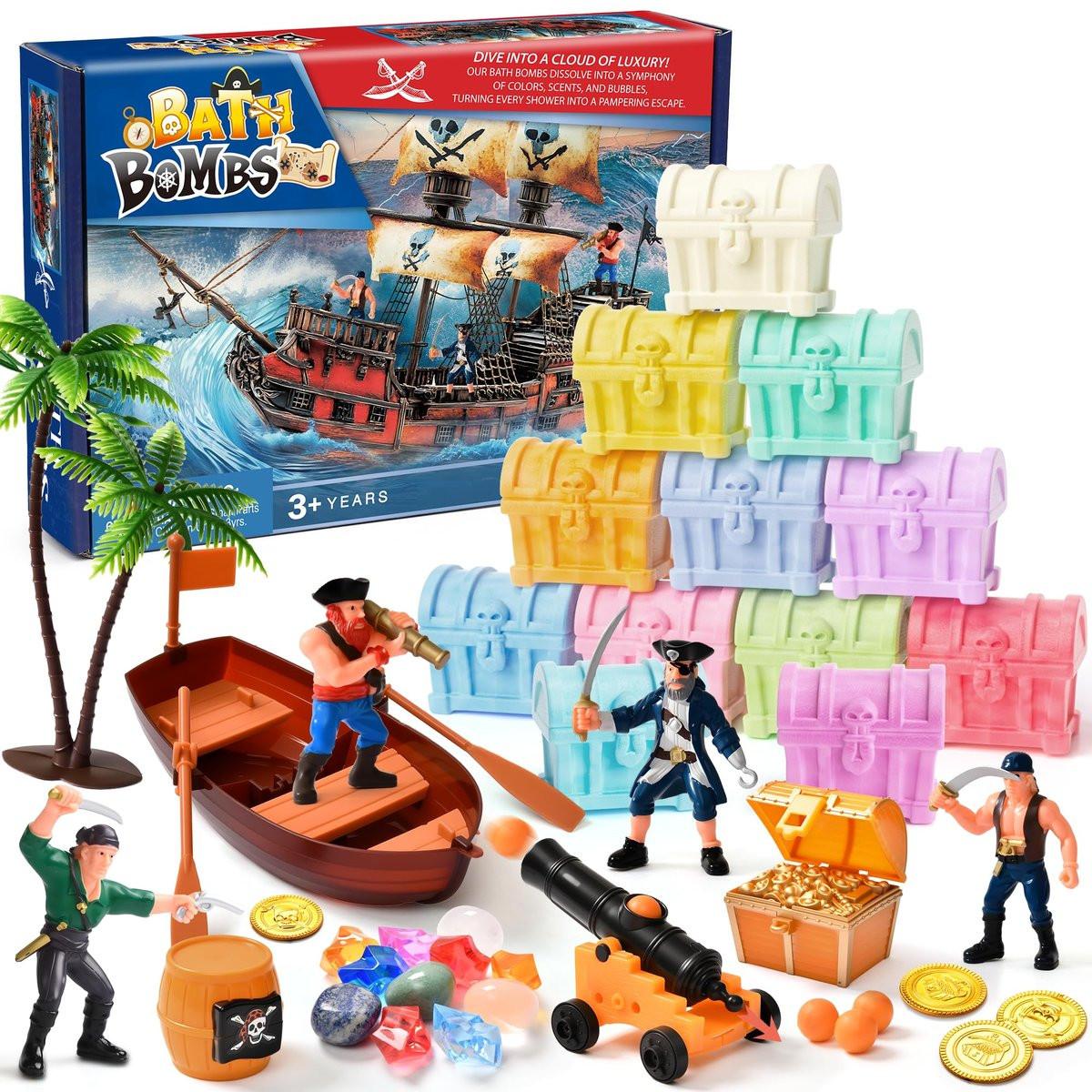 Toylink Badebomben für Kinder mit Taucher-Schatzspielzeug im Inneren, 12er-Pack Schatztruhe Badebomben mit Überraschungs-Piratenzubehör, handgemachte Badesprudel, Geburtstags-Weihnachtsgeschenkset