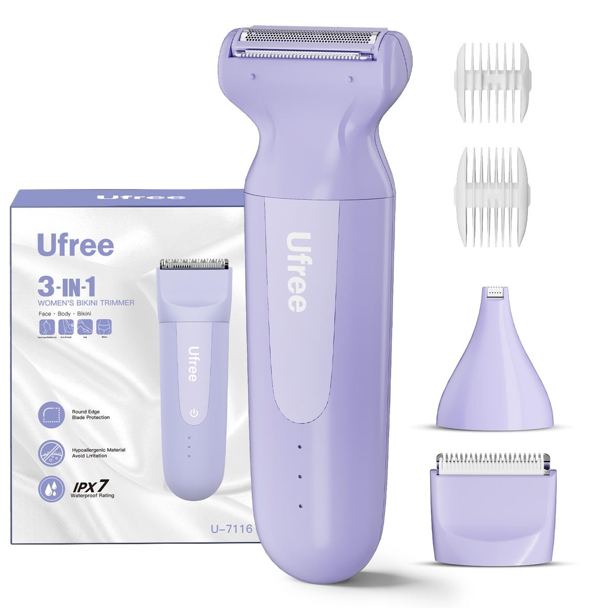 Ufree 3-in-1 Damen-Elektrorasierer mit Keramikklingen, IPX7 wasserdichter Bikini-Trimmer, wiederaufladbarer Rasierer für Beine, Achseln, Pubic Hair Trimmer, lila