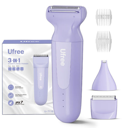 Ufree 3-in-1 Damen-Elektrorasierer mit Keramikklingen, IPX7 wasserdichter Bikini-Trimmer, wiederaufladbarer Rasierer für Beine, Achseln, Pubic Hair Trimmer, lila