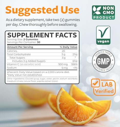 Vegane Vitamin C Gummis für Erwachsene - Immununterstützung mit 500 mg pro Portion für tägliches und saisonales Wohlbefinden - Hochdosiert, nicht-GMO, Orangengeschmack (1-Monats-Vorrat)