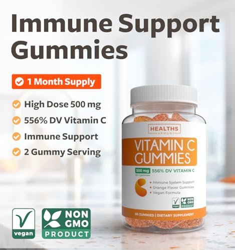 Vegane Vitamin C Gummis für Erwachsene - Immununterstützung mit 500 mg pro Portion für tägliches und saisonales Wohlbefinden - Hochdosiert, nicht-GMO, Orangengeschmack (1-Monats-Vorrat)