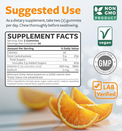 Vegane Vitamin C Gummis für Erwachsene - Immununterstützung mit 500 mg pro Portion für tägliches und saisonales Wohlbefinden - Hochdosiert, nicht-GMO, Orangengeschmack (1-Monats-Vorrat)