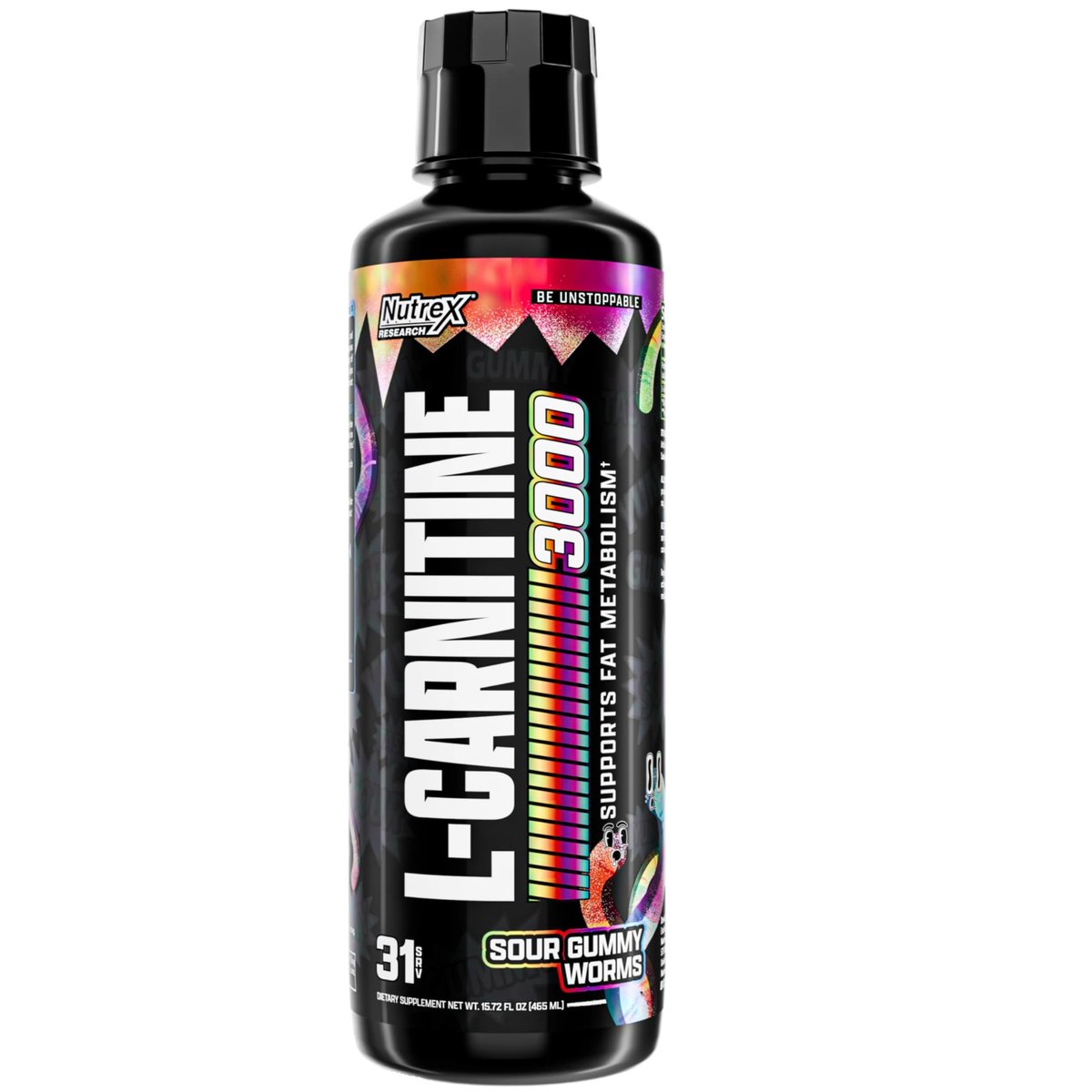 Nutrex Research L-Carnitin 3000 – Klinisch dosiertes flüssiges L-Carnitin für Energie, Stoffwechsel und Muskelregeneration – Leckerer Sour Gummy Worms Geschmack – Ohne Zucker, Kohlenhydrate und Stimulanzien – 31 Portionen
