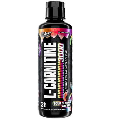 Nutrex Research L-Carnitin 3000 – Klinisch dosiertes flüssiges L-Carnitin für Energie, Stoffwechsel und Muskelregeneration – Leckerer Sour Gummy Worms Geschmack – Ohne Zucker, Kohlenhydrate und Stimulanzien – 31 Portionen