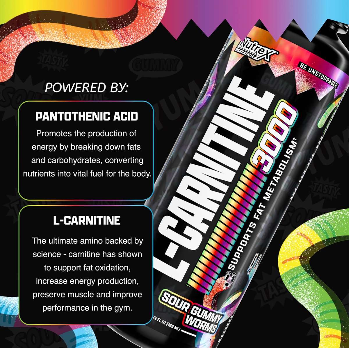 Nutrex Research L-Carnitin 3000 – Klinisch dosiertes flüssiges L-Carnitin für Energie, Stoffwechsel und Muskelregeneration – Leckerer Sour Gummy Worms Geschmack – Ohne Zucker, Kohlenhydrate und Stimulanzien – 31 Portionen